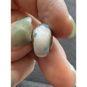 Pandora White & Teal Polka Dots Murano glass charm ALE 925 Sterling Silver